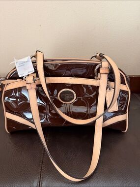 Coach Peyton Signature Embossed “C” Patent Leather Brown Satchel w/Tan Trim